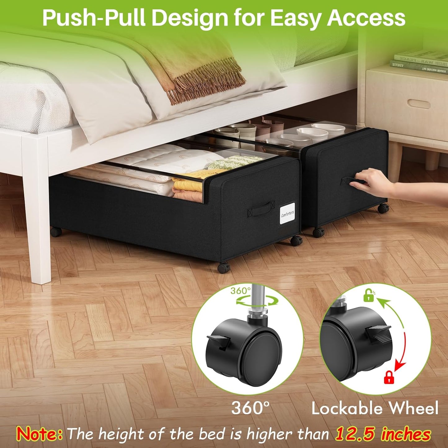 Webetop Under Bed Storage Containers with Wheels,12 inch Under the Bed Storage Bins with Clear Lid for Underneath Small Spaces Dorms, Blankets (2 Pack, 30.7"x17.3"x12")