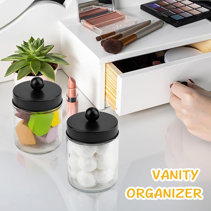 4 Pack Glass Apothecary Jars with Lids for Bathroom, Cute Qtip Holder, Black Bathroom Accessories Set, Small Bathroom Canisters with Lids for Q-Tips, Cotton Swabs, Black Bathhouses Decor