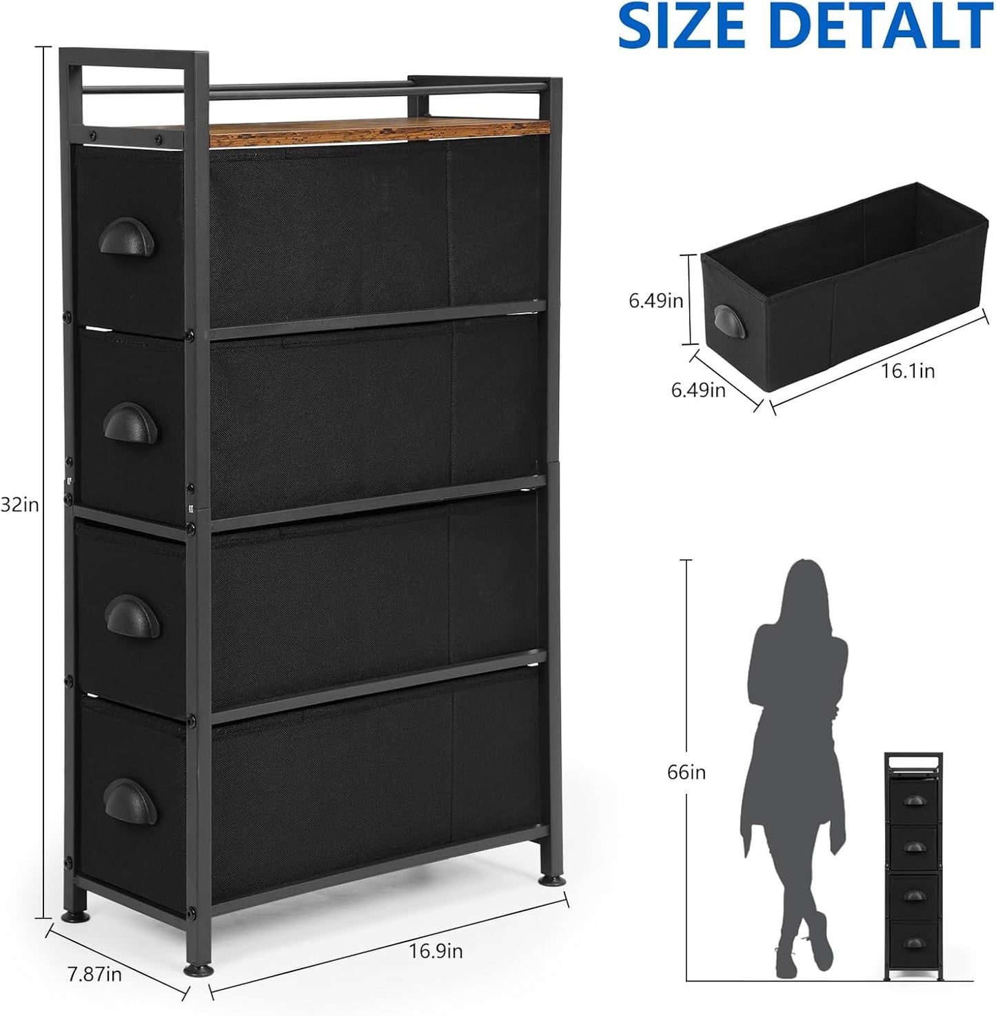 MOOACE Narrow Dresser Storage Tower with 4 Drawers, Slim Dresser Chest of Drawers, Vertical Small Fabric Dresser Standing, Wood Top Organizer for Bedroom, Bathroom & Laundry, Black/Brown