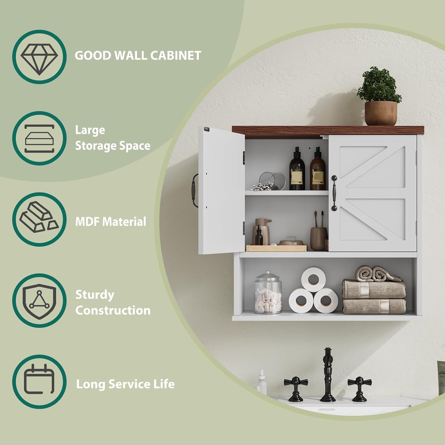 Smuxee Farmhouse Wall Mounted Cabinet with Adjustable Shelf, for Bathroom, Living Room, Laundry Room