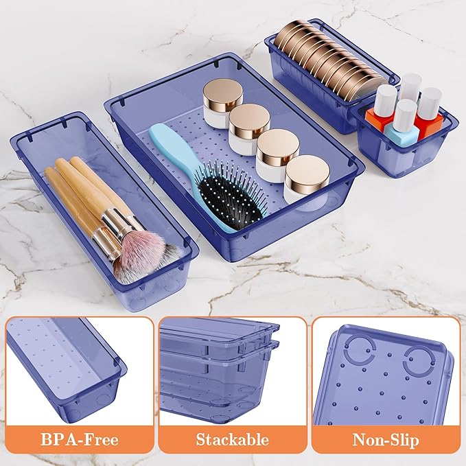 25 PCS Plastic Drawer Organizer Set, 4-Size Versatile Organizer Trays & storage Bins for Makeup, Jewelry, and Gadgets in Bathroom, Bedroom and Office,Dark Blue