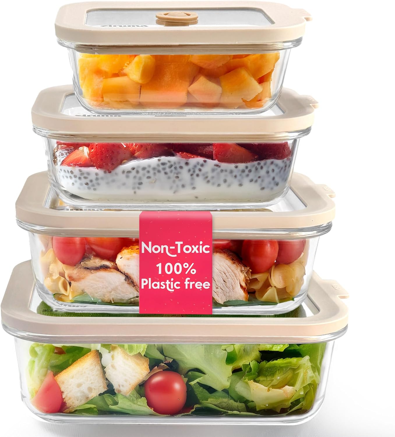 Ziruma Non-Toxic 4 Pack - Glass Food Storage Containers With Lids – Plastic Free, Airtight Meal Prep Containers, Multi-Size (12, 21, 35, 50 Oz), Microwave & Freezer Safe