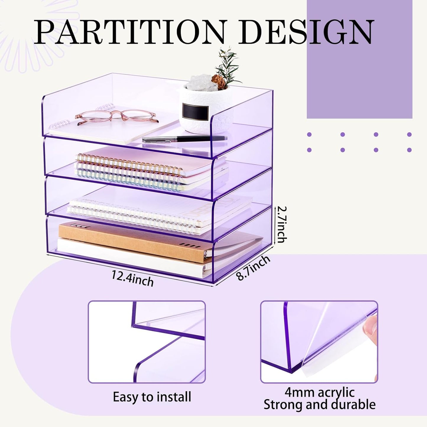 Harloon 4 Tier Acrylic Paper Tray 12.4 x 8.7 x 2.7 Inches Stackable Letter Clear Organizer No Need to Assemble Acrylic Paper File Organizer for Office Workspace Desktop Storage (Transparent Purple)
