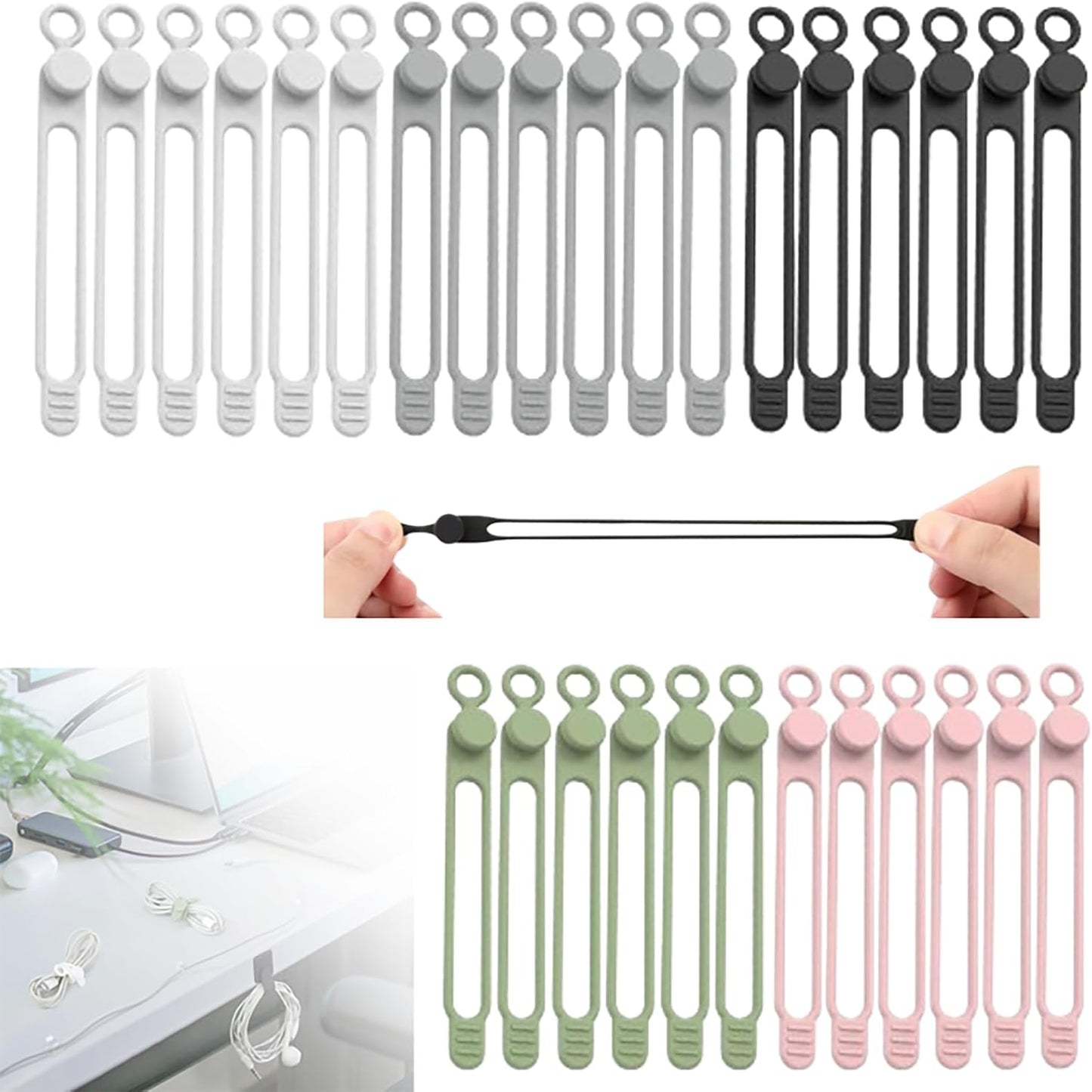 Silicone Cable Ties, 2024 New Data Cable Organizer Silicone Cable Ties Reusable Cable Management Organizer Multipurpose Cable Management for Travel/Portable/Office/Home Desk (Multicolor, 30 Pcs)