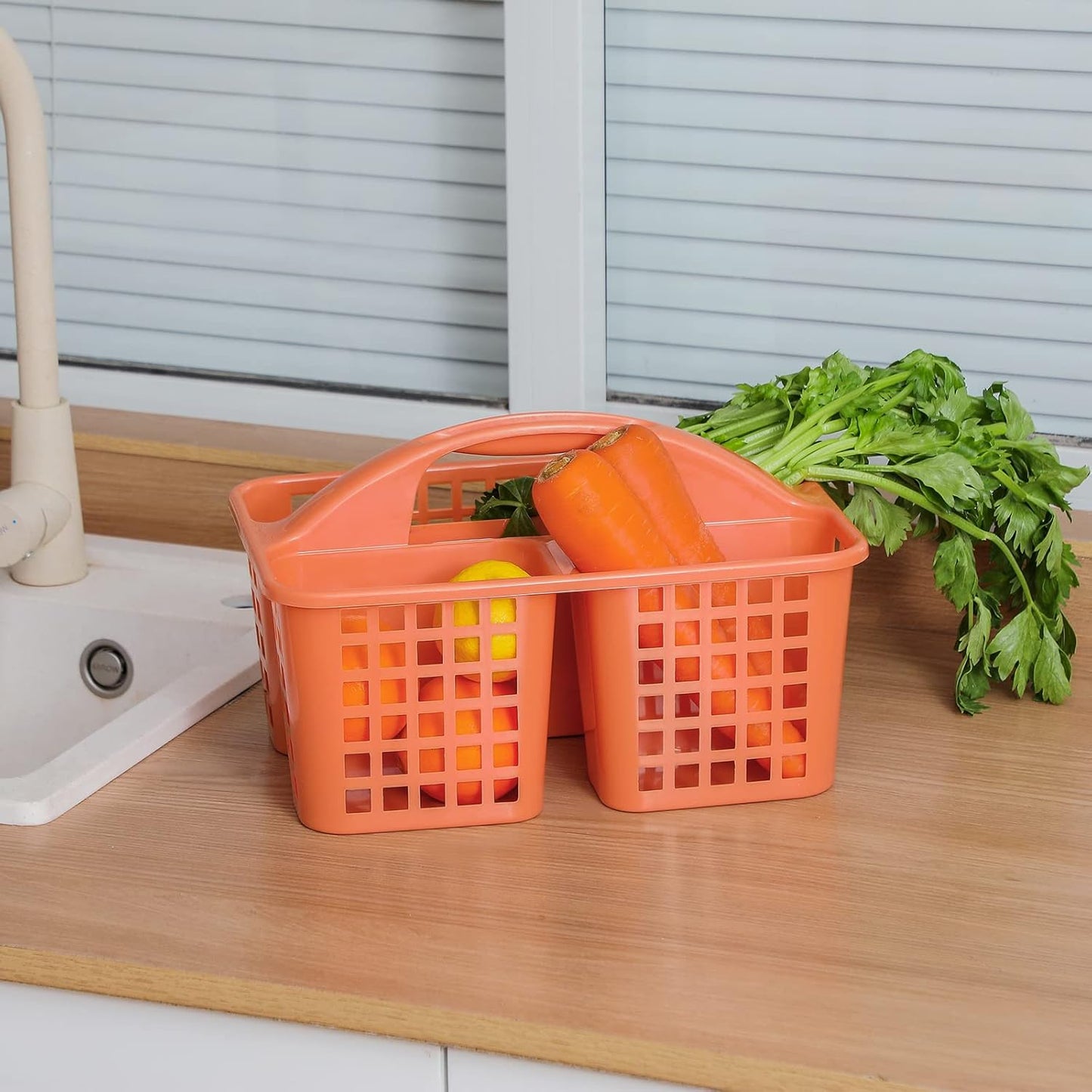 JiatuA Portable Shower Caddy Basket with Compartments Cleaning Supplies Organizer with Handle Plastic Storage Divided Tool Bin for Bathroom, Bedroom, Kitchen, College Dorm, Garden, Under Sink, Orange