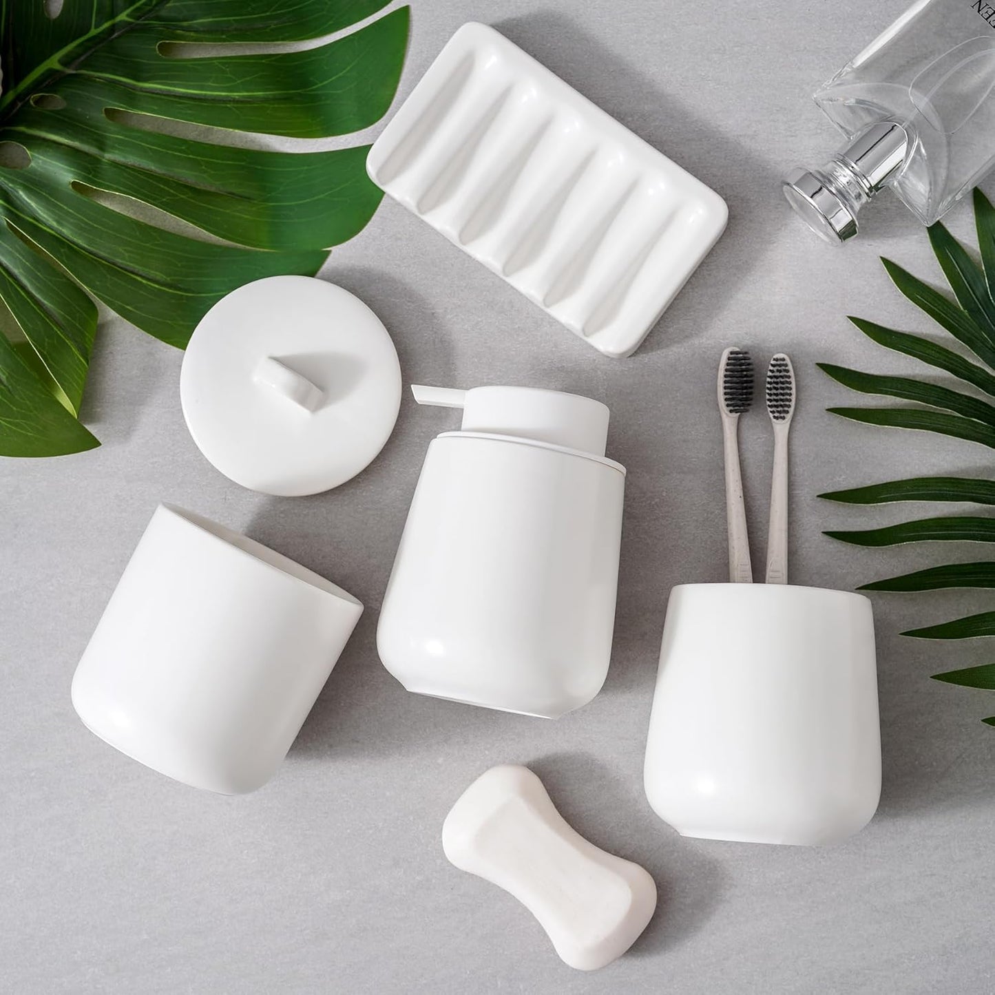 Ceramic Bathroom Accessories Set,Foam Soap Dispenser and Toothbrush Holder Set, Soap Dish, Apothecary Jars,4 Pieces for Home Apartment Modern Bathroom Decor Vanity Countertop(White Set - Foam)