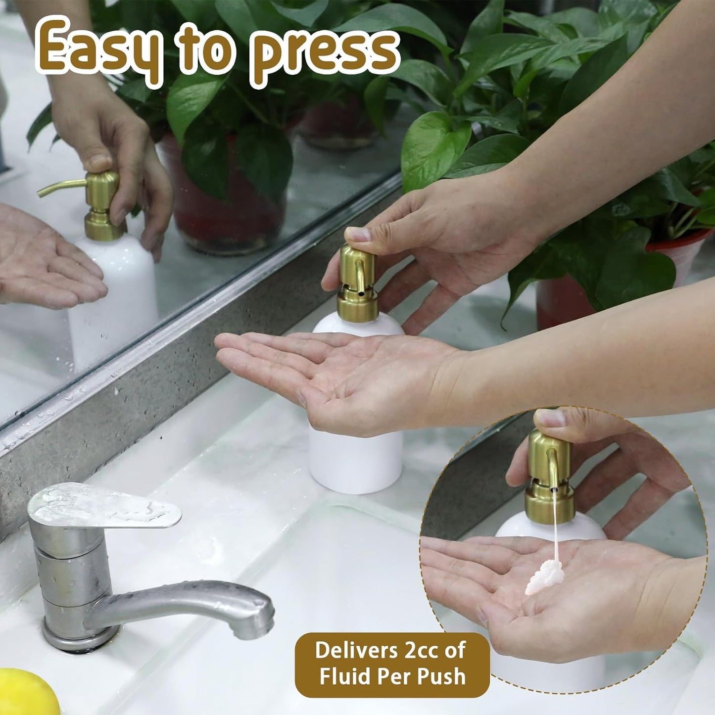 2 Pack Gold Soap Dispenser Pump Replacement, Stainless Steel Hand Liquid Soap Pump for Regular Mouth Bottles Standard 28/400 Neck Size for Hand Dish Soap Bottle and Lotion