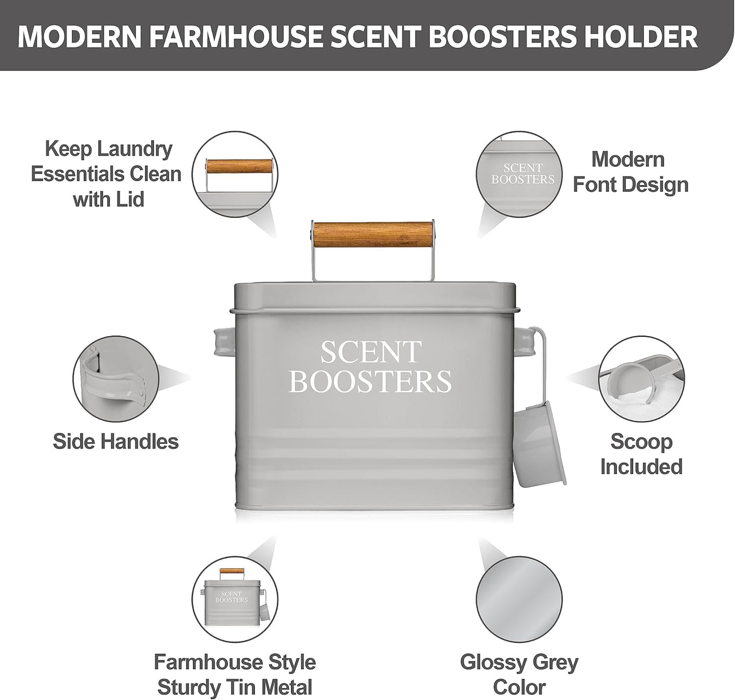 Calindiana Metal Laundry Holder, Grey, Modern Farmhouse Design, Scent Booster Beads Dispenser with Lid, Storage Container with Scoop & Handles, Space Saving Laundry Room Organization, 53 oz Capacity