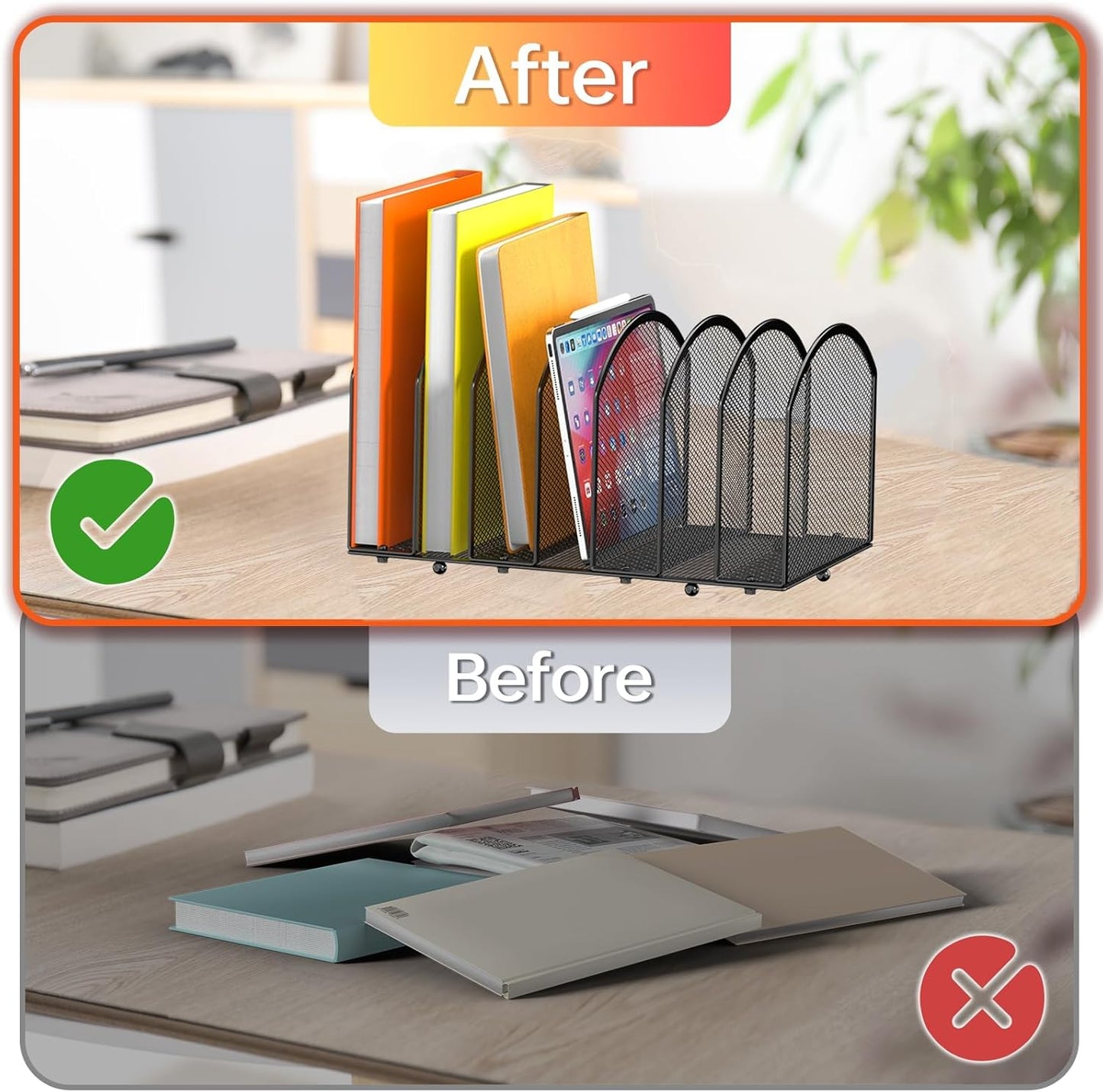 7-Section Desk File Organizer, Mesh Desktop Organizer File Sorter Office Organization Letter Holder, Vertical Desktop File Holder for Office Home, Black