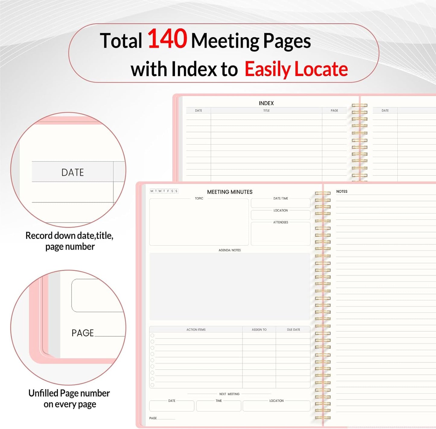 SUNEE Half Meeting Half Note 8.5"x11" Notebook for Work – 140 Pages, A4 Size Project Planner for Women&Men, Minutes Organizer for Meeting Notes, Ideas for Office/Business, PVC Waterproof Cover, Pink