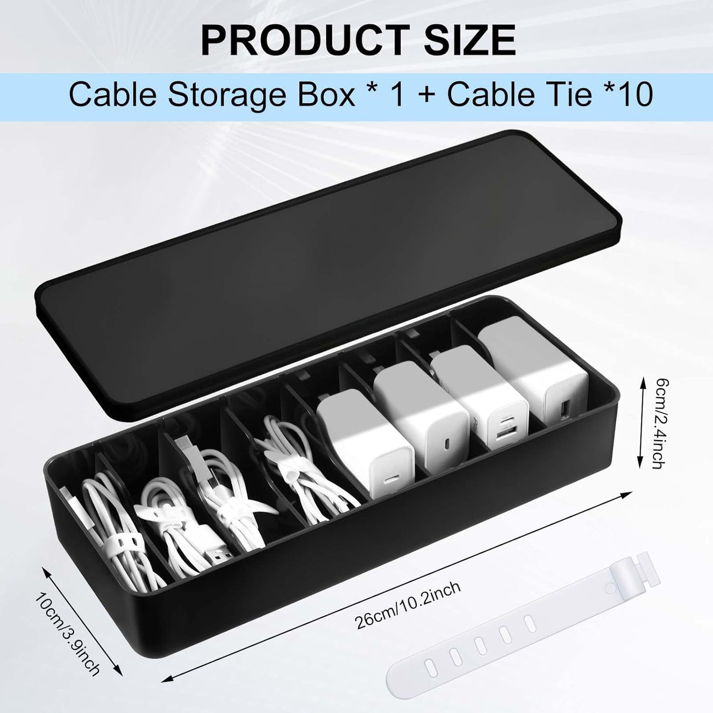 Tatuo 1 Pcs Cable Organizer Box with Wire Ties, Plastic Cord Storage Box with Lid, Electronics Organizer for Home Office Desk Organizers and Accessories (Black)