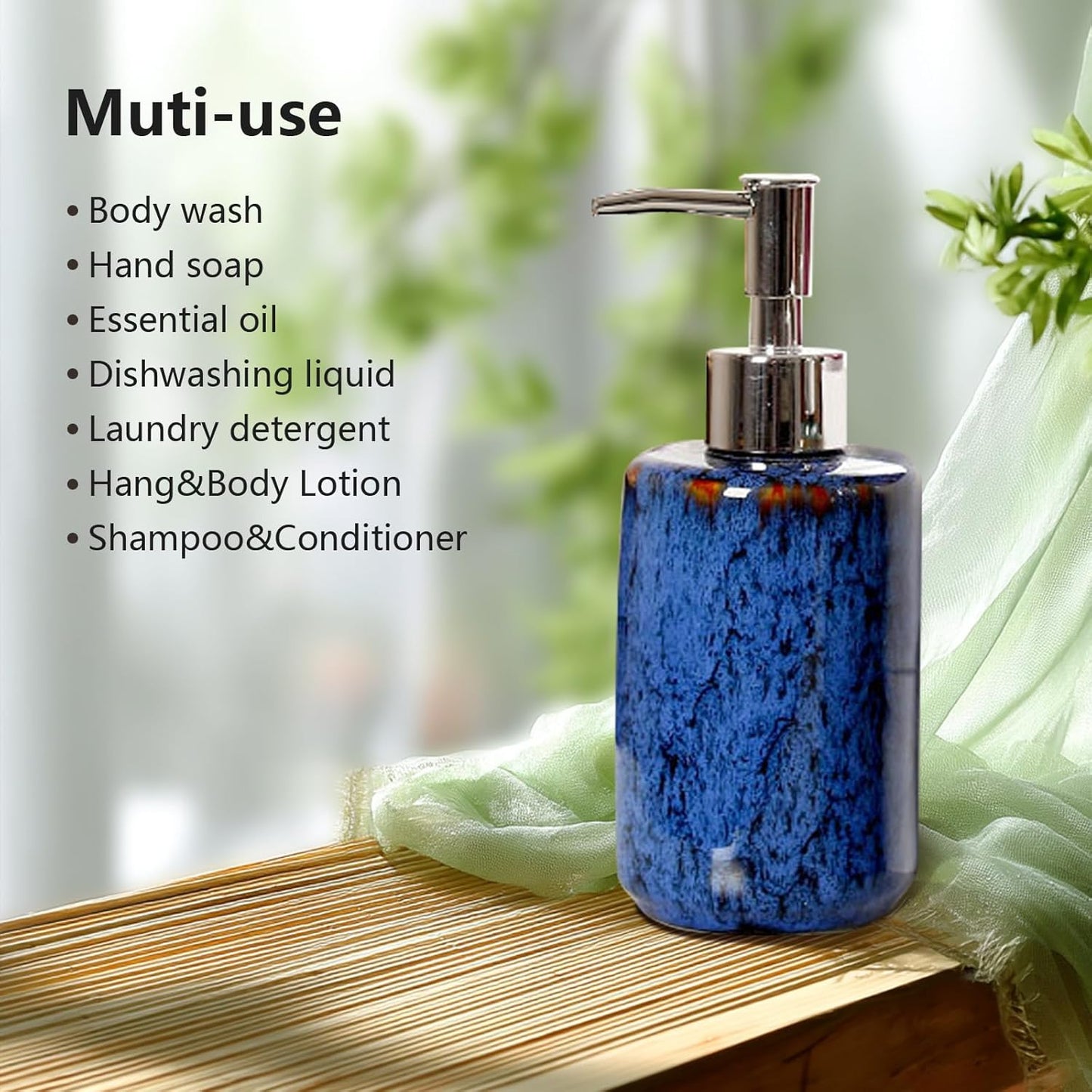 jessie Hand Soap Dispenser,Blue Ceramic Liquid Hand Soap Dispenser with Pump,Modern Vintage Refillable Hand Lotion Pump Bottle for Bathroom Kitchen Set 11.8 oz (Blue)