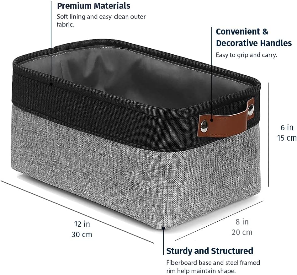 OrganiHaus Small Fabric Storage Baskets for Shelves 6 Pack, 12x8in Closet Storage Bins for Shelves, Cloth Baskets for Organizing, Linen Closet Organizers, Fabric Basket, Gray/Black