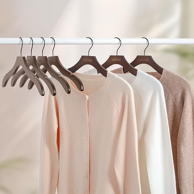 TOPIA HANGER Wooden Coat Hangers 24 Pack, Premium Wood Suit Sweater No Shoulder Bump Hangers, 360° Swivel Hook and Cut Notches Clothes Hangers for Sweater, Hoodie, Shirts, Jacket, Dress, Walnut CT85WA