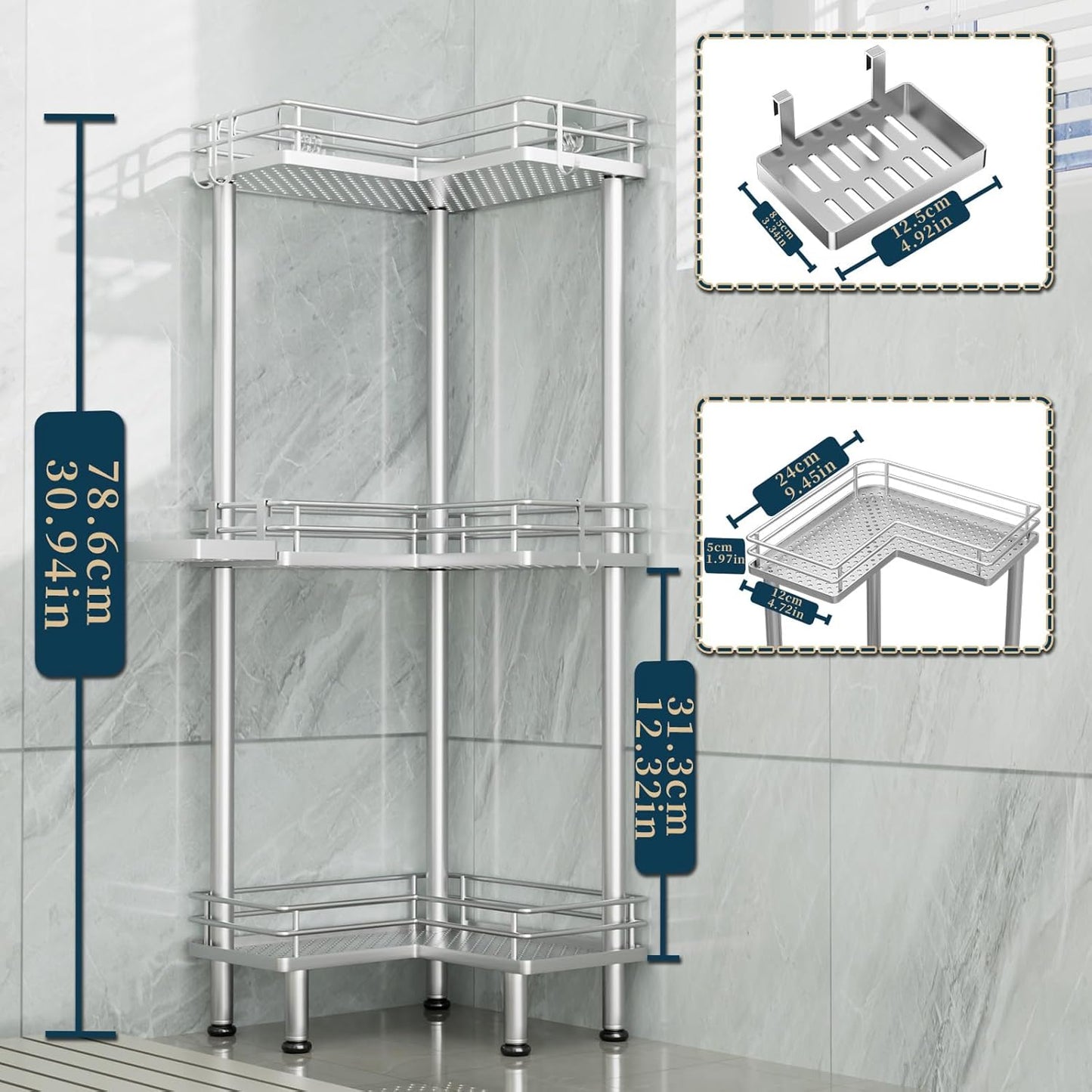 Consumest Corner Shower Caddy Standing - 3-Tier Stainless Steel Shower Organizer with Soap Holder and 4 Hooks, Large Capacity Corner Shelf Stand for Bathroom, Rest Room, Silver