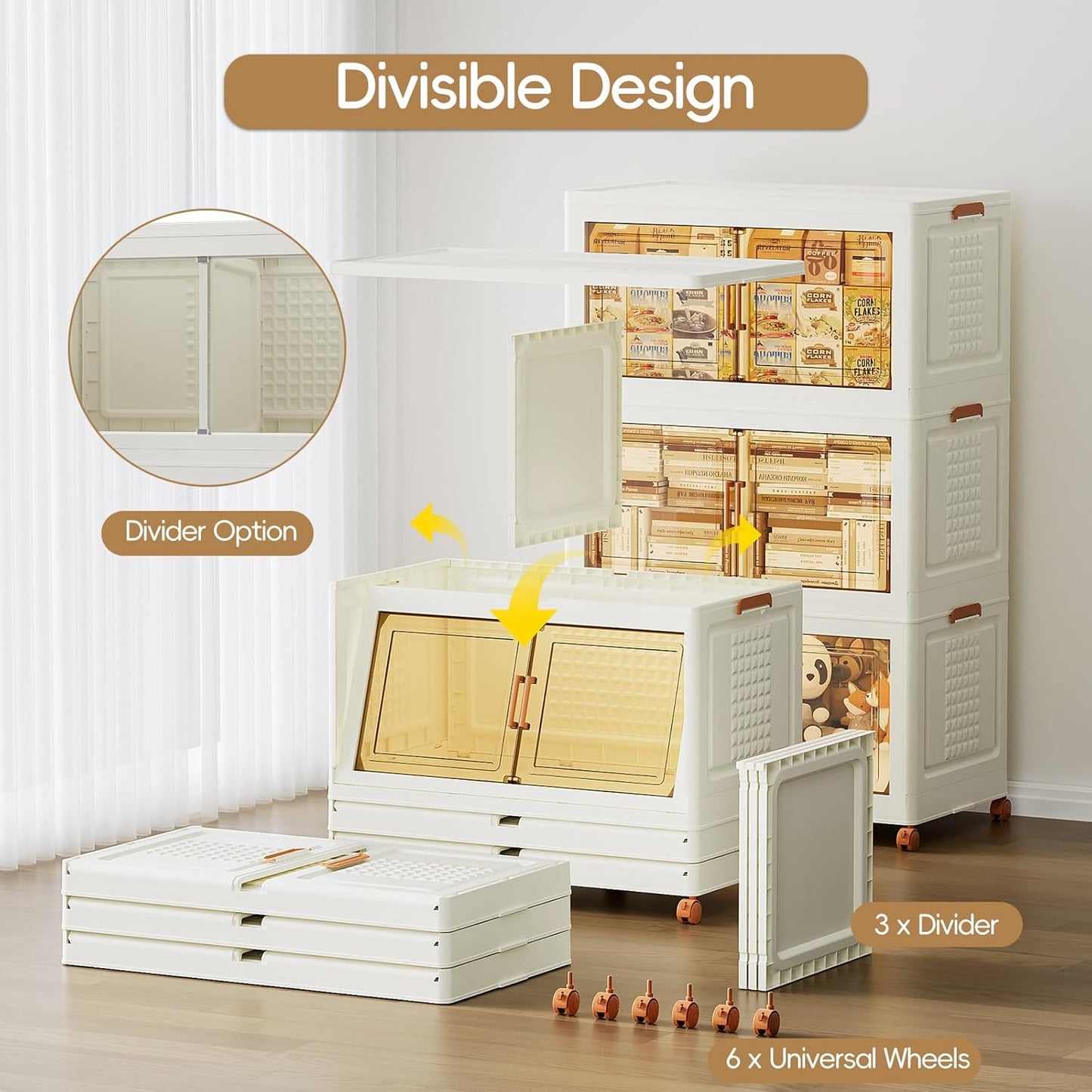 JEKO&JEKO 608Qt Foldable Storage Bins with Lids, Doors & Dividers, Stackable Plastic Drawers with Wheels for Home, Closet & Garage Organizer, 3 Pack, Cream