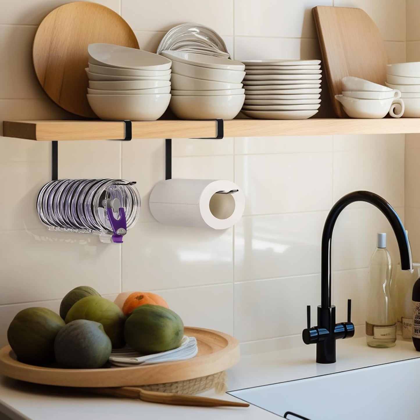 2 Pack Tumbler Lid Organizer, Horizontal Tumbler Lid Storage Hook to Hold Up 20 Lids, Space Saving Cup Lid Holders Under Cabinet Tumbler Lid Hook for Kitchen Organizer, Paper Towel Rack Hanger (Black)