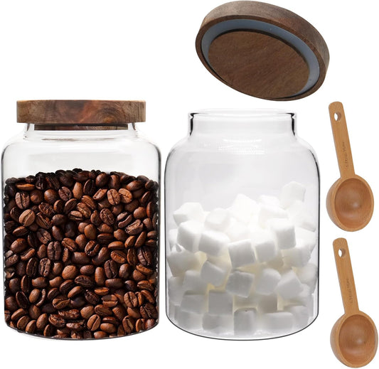 Glass Jar with Spoon Wooden Lid Clear Coffee Ground Containers Set Borosilicate Glass Kitchen Storage Canister for Sugar Espresso Spice Beans Nut Pasta Candy Tea (1200ml(40oz)-with spoon (2pack))
