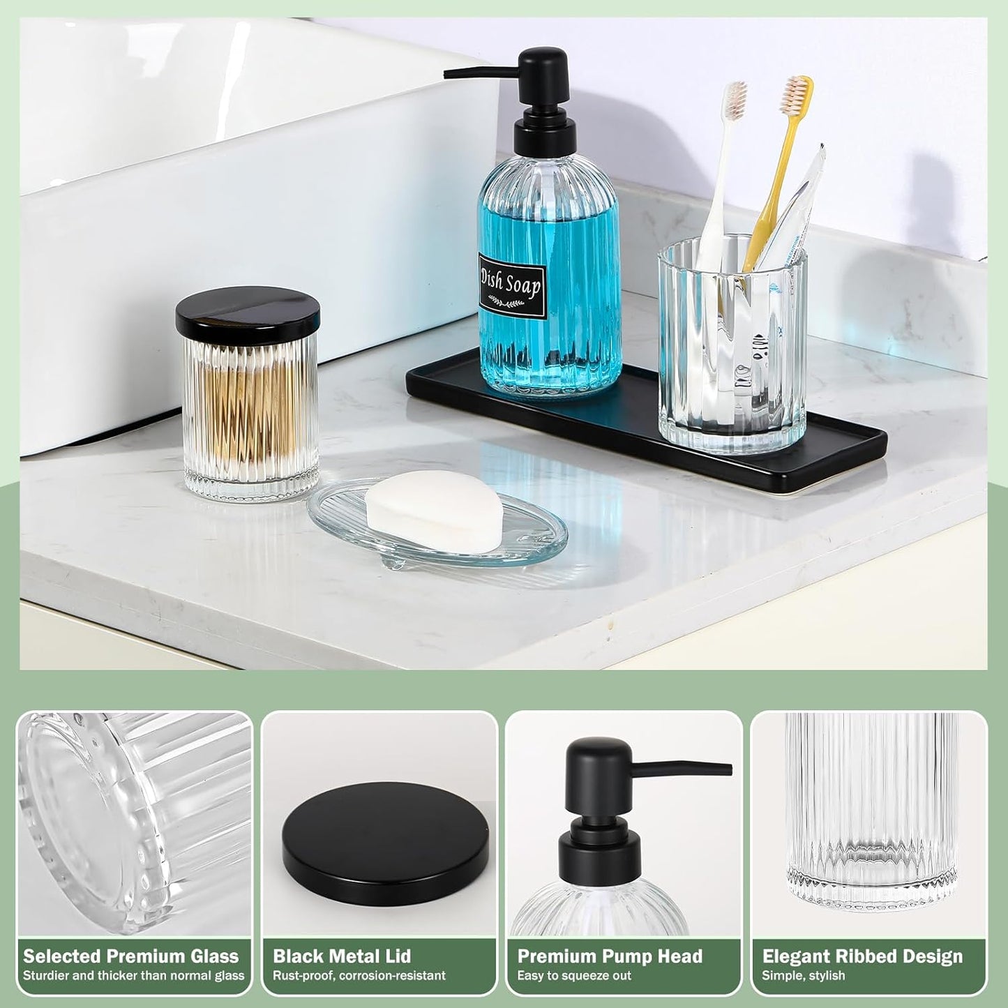 Shinowa Bathroom Accessories Set, 5 Pcs Clear Glass Bathroom Accessory Sets Complete with Soap Dispenser, Toothbrush Holder, Q-Tips Holder, Soap Dish, Ceramic Tray, Countertop Vanity Organizer