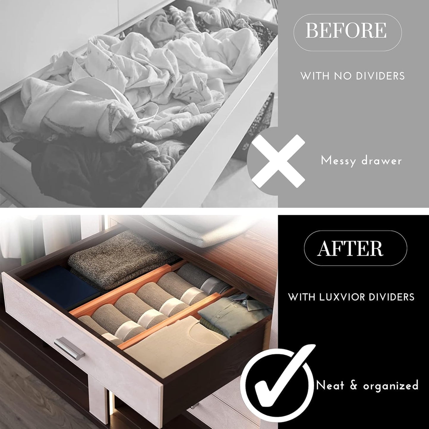 Expandable Bamboo Drawer Dividers 8 pack with labels(17"-22") Drawer Organizer for Kitchen, Clothes,Utensils,Silverware,Dresser,Office,Desk