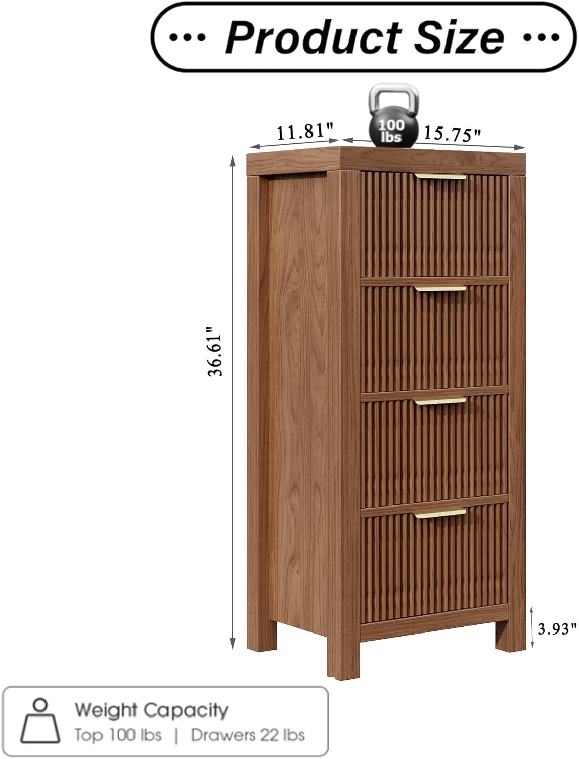 Mid-Century Modern Tall Wooden Dresser with 4 Spacious Drawers, Entryway Storage Chest with Smooth Metal Handles, Bedroom Clothes Organizer for Entryway, Office, and Small Spaces, Walnut