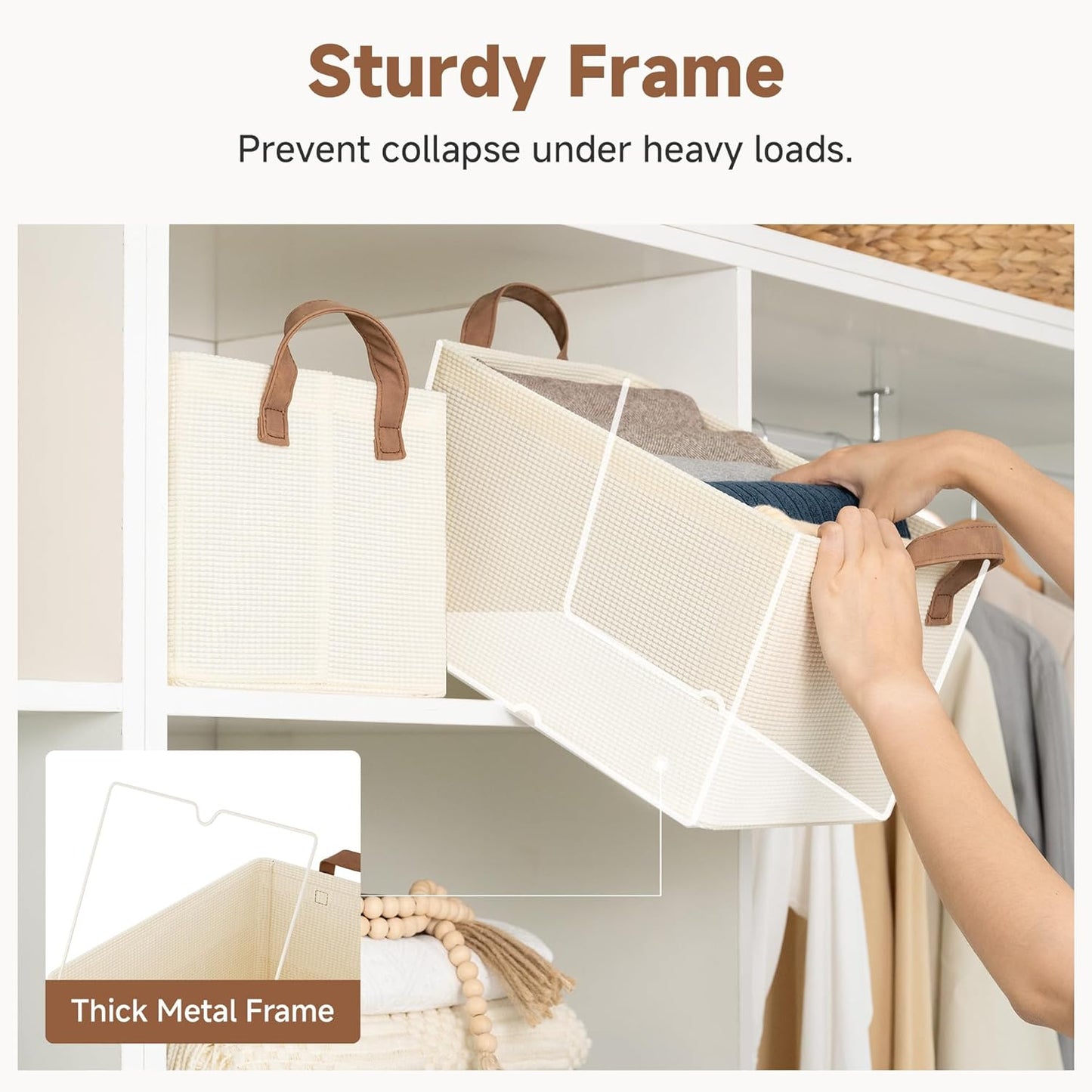 StorageWorks Storage Bins, Shelves Baskets for Organizing, Fabric Closet Organizers with Handles, Metal Frame, Beige（Texture）, 2-Pack