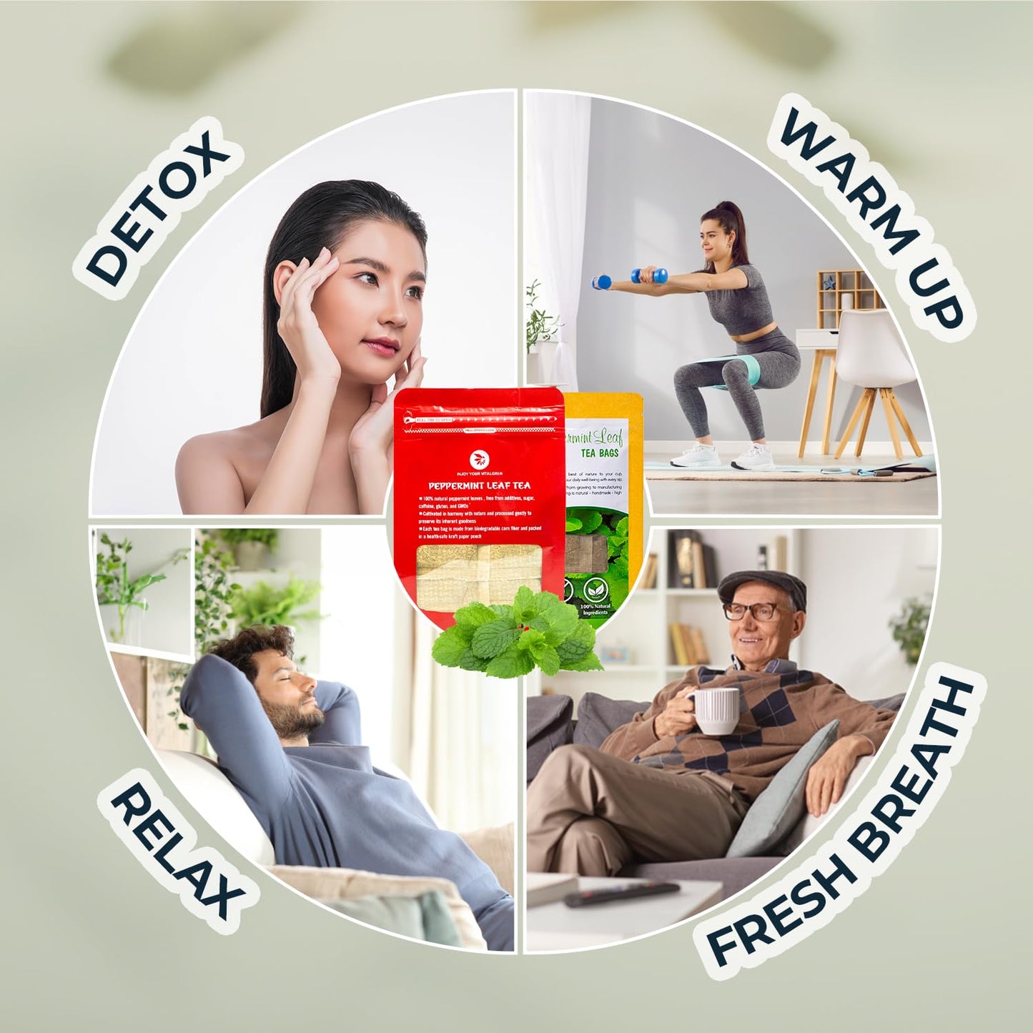 Peppermint Tea Bags - 15 Count, Mini Tea Samplers, Bamboo Tong Included, Re-Steep Herbal Tea, Cool Fresh Breath, Warm Heat, Stomach Relief, Relax, Support