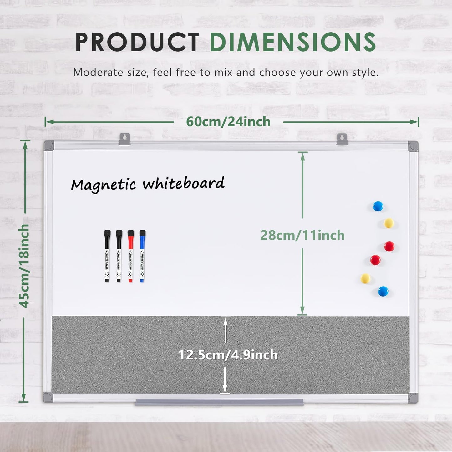S SWANCROWN Magnetic White Board and Bulletin Cork Board Combination,24 x 18 Inch Dry Erase Board Bulletin Combo Board, Hanging Wall Mounted Message Board Corkboard for Home, School, Office