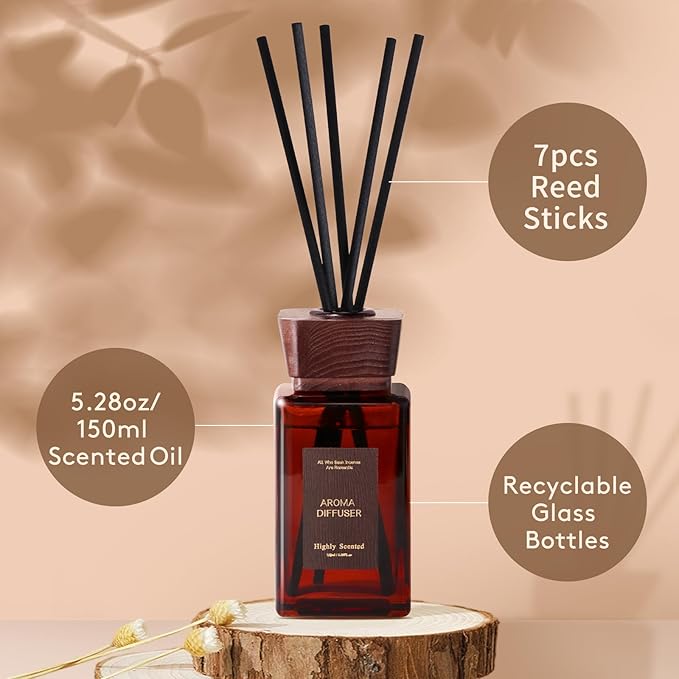 Reed Diffuser Set, 5.2 fl oz Sandalwood Reed Diffuser with Sticks, Reed Diffusers for Home Bedroom Apartment Bathroom Decor, Scented Diffuser Gift for Home Fragrance