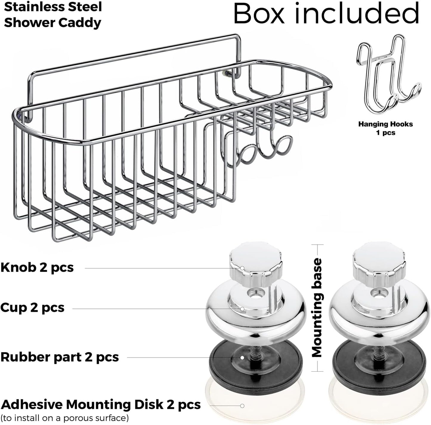 HASKO Shower Caddy Suction Cup, Shower Shelf with Soap Dish and Hooks Organizer, Suction Bathroom Shelf for Storage, Wall Mounted Basket, Silver