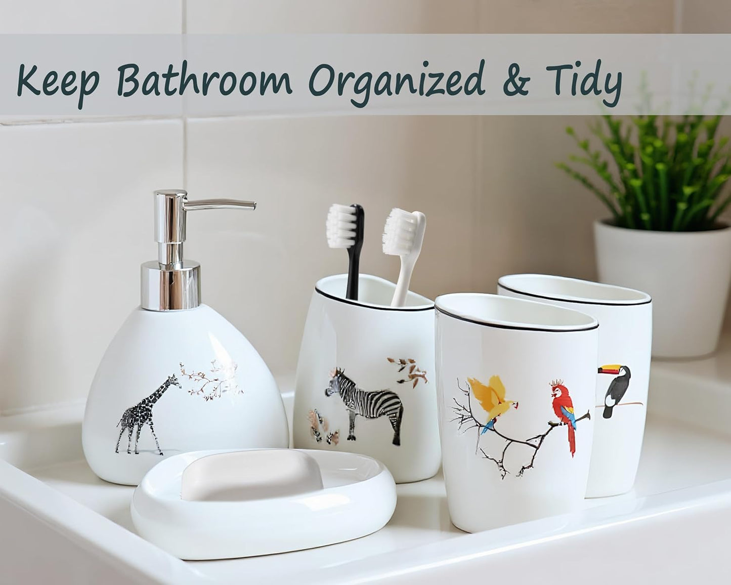 5 Piece Ceramic Bathroom Accessory Set with Animal Pattern, Includes Soap Dispenser, Toothbrush Holder, Soap Dish & 2 Mouthwash Cups, Modern Elegant Countertop Decor for Bathroom Vanity