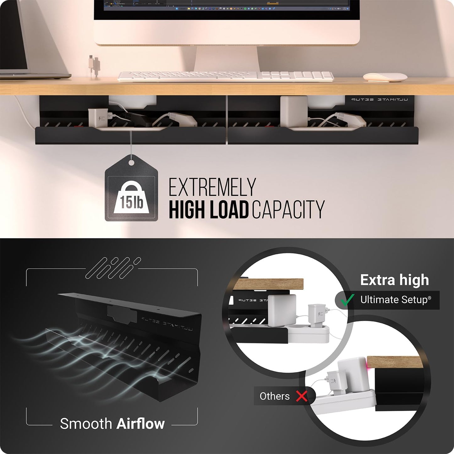 Under Desk Cable Management Tray no Drill – Wire Management - Cord Organizer – Huge Load Capacity – Under Desk Cable Tray no Drill (Black, 2 Pieces Set)