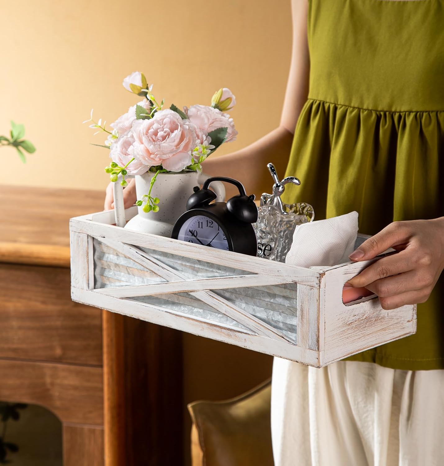 Wooden Toilet Tank Basket, Rustic Bathroom Decor Box, Farmhouse Toilet Paper Organizer Holder, Decorative Bathroom Storage Basket, Barn Door (Whitewash)