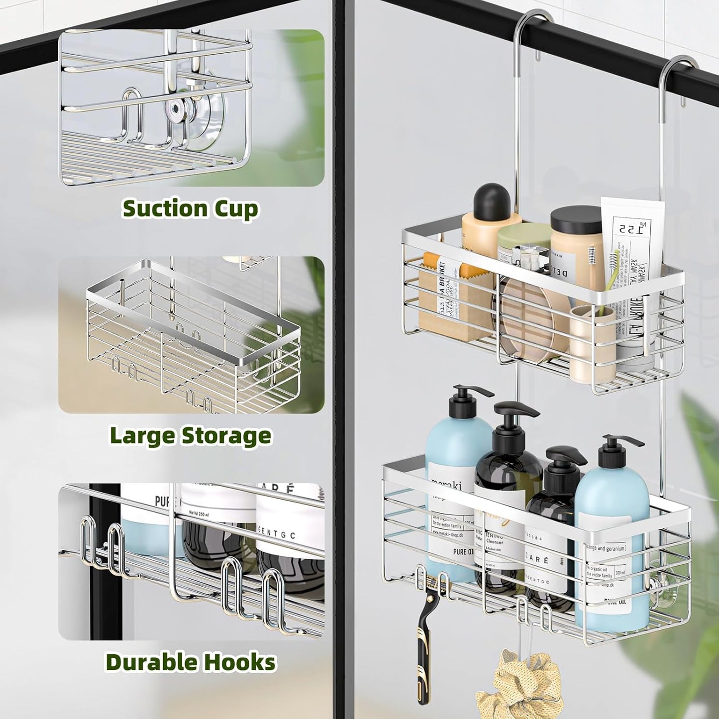 YUOROS Shower Caddy Hanging, 2 Tier Over the Door Shower Organizer Rack 304 Stainless Steel Rustproof (Silver)