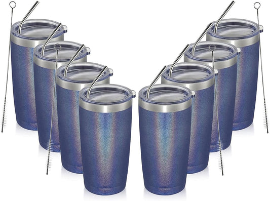 MEWAY 20oz Tumbler 8 Pack Double Wall Vacuum Insulated Travel Glitter Mug Bulk, Stainless Steel Tumblers with Lid and Straw, Powder Coated Coffee Cups for Woman(Rainbow Navy,Set of 8)