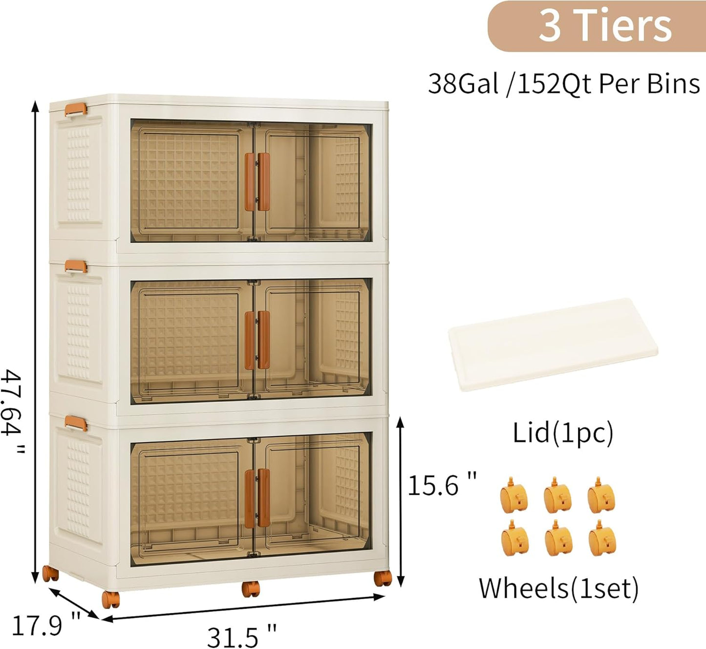 Plastic Stackable Storage Bins with Lids and Wheels, Foldable Closet Organizers and Storage Containers, Collapsible Clear Drawer Storage Cabinet with Doors White 114Gal