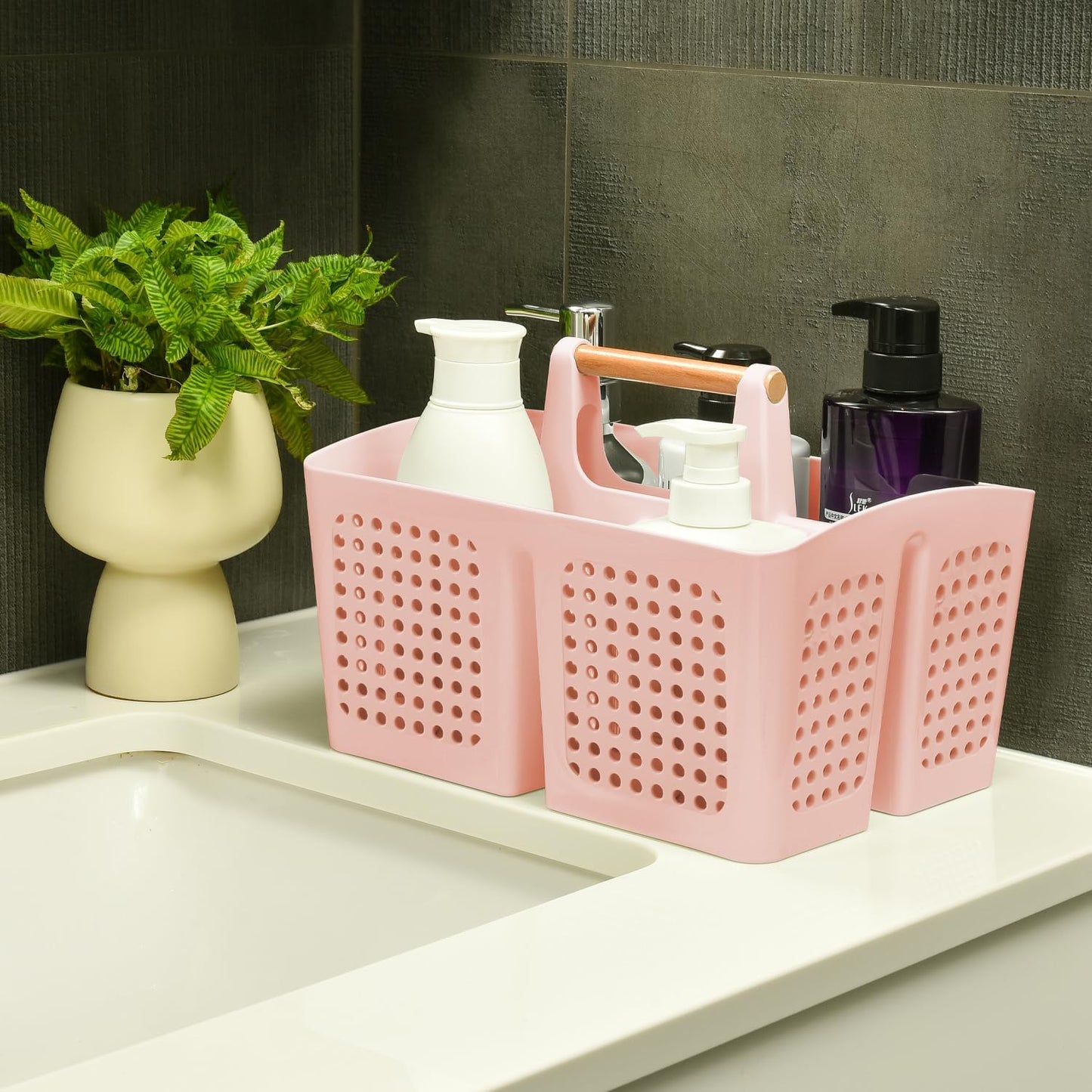 Portable Shower Caddy Basket with Compartments, Plastic Divided Cleaning Caddy Organizer Storage Tote with Handle for Bathroom, College, Dorm Room Essentials, Pink