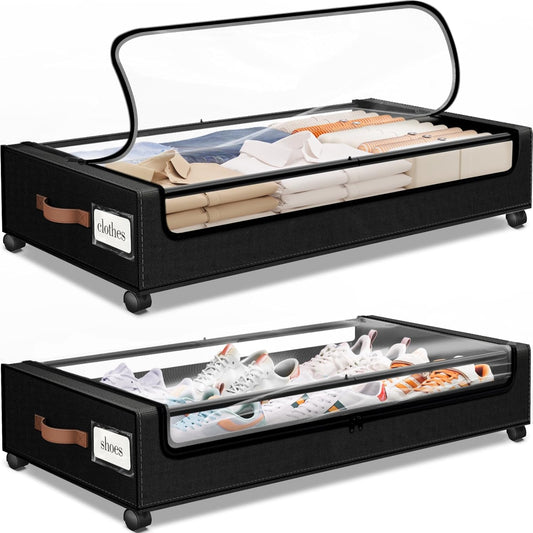 Under Bed Storage with Wheels 2Pack Storage Containers with Clear Window&Label Under Bed Drawers Rolling Under Bed Storage for Clothes,Shoes, Blankets (30.71 x 16.93 x 6.69 in, Black)