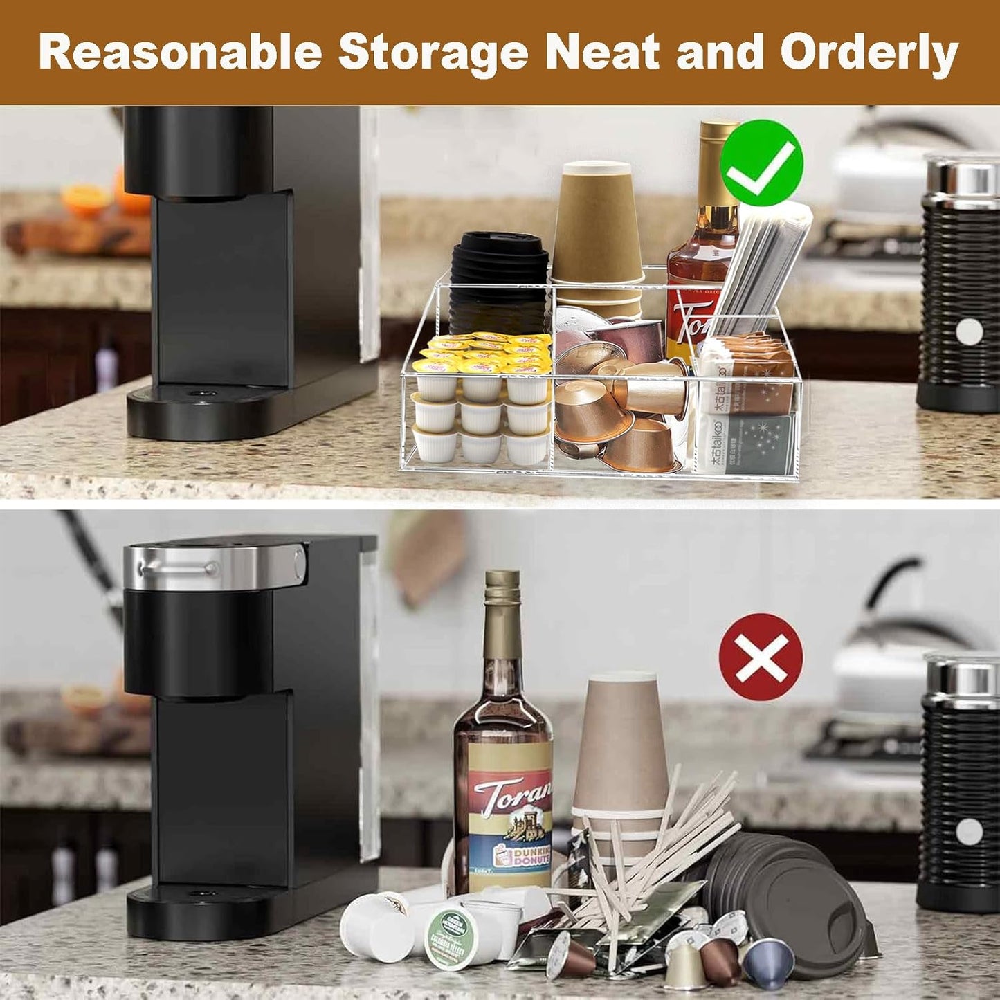 Tirifer Acrylic Coffee Bar Station Organizer for Countertop, Condiment Service Organizer Coffee Pods Storage Caddy Creamer Snack Tea Cup Supplies Holder for Home Office and Breakroom(Clear)