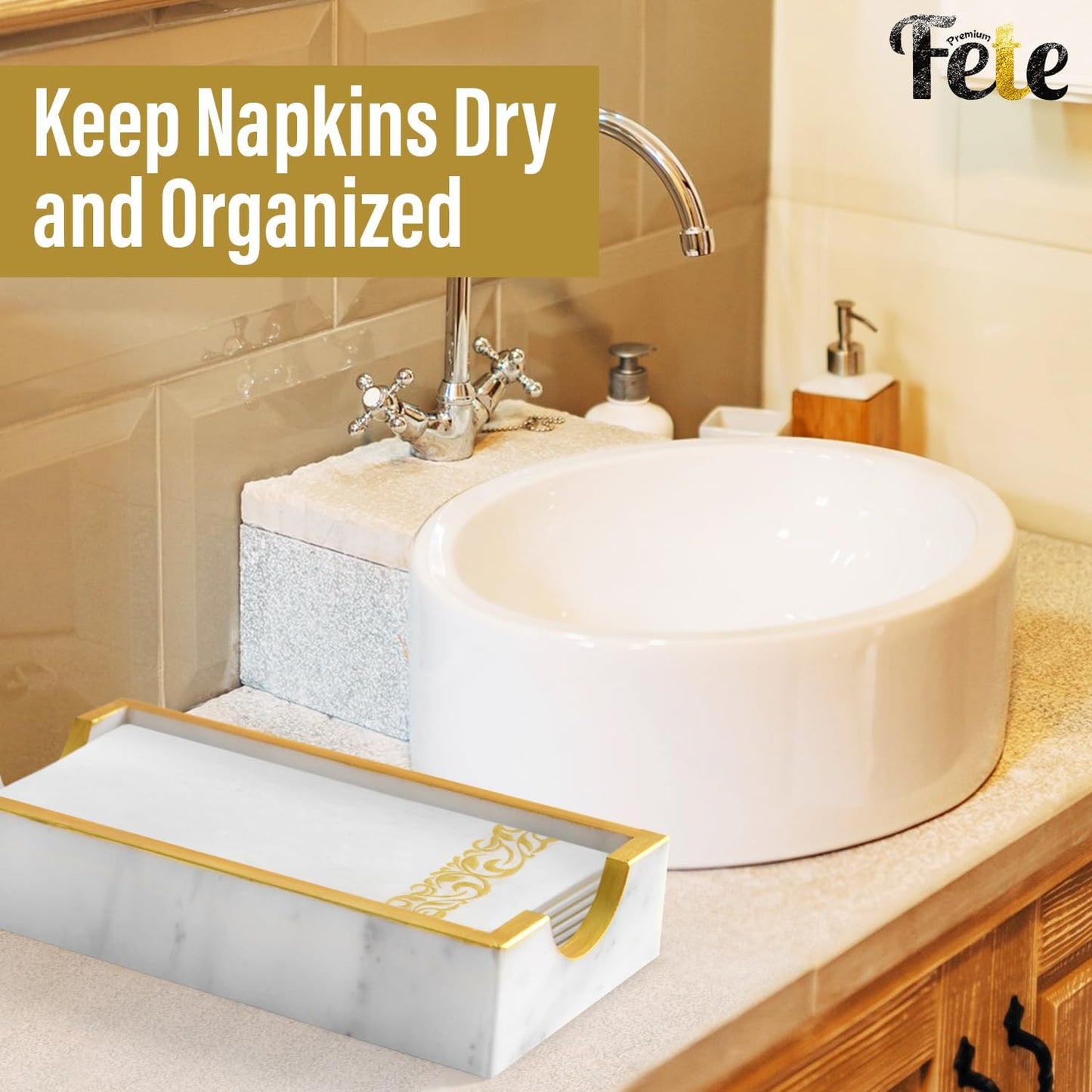 Fete Marble Tray for Bathroom - Guest Towel Holder Tray - 4 x 10 - White Marble