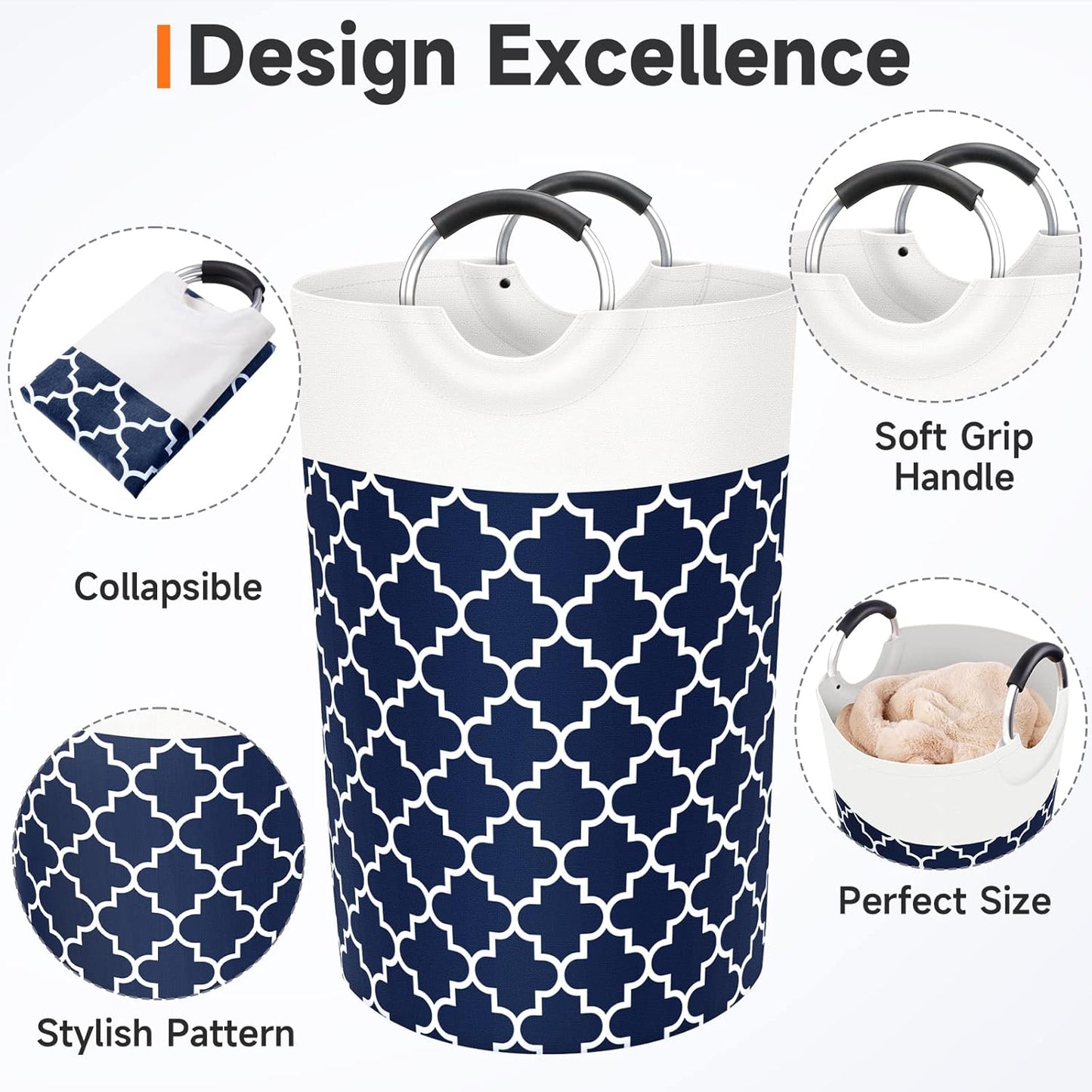 Large Laundry Basket Laundry Hamper Bag Washing Bin Clothes Bag Collapsible Tall with Handles Waterproof Travel Bathroom College Essentials Storage for College Dorm, Family (Blue) 115L