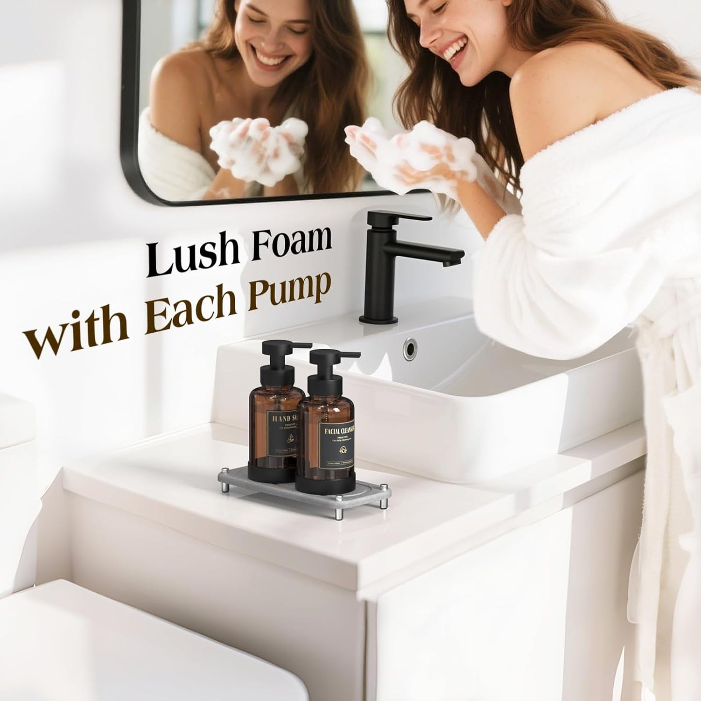 Luxspire Foaming Soap Dispenser, Non-Slip Hand Soap Dispenser with Fast Drying Tray, 15oz Glass Refillable Liquid Bottle for Bathroom & Kitchen, 2 Pack, Brown + Dark Gray
