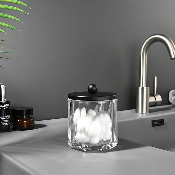 Clear Transparent Apothecary Octagional Shaped Glass Canister Jar With Matte Black Metal Lid Cover for Bathroom Organization, Cotton Balls, Q Tips, and Small Accessories, Bath Storage