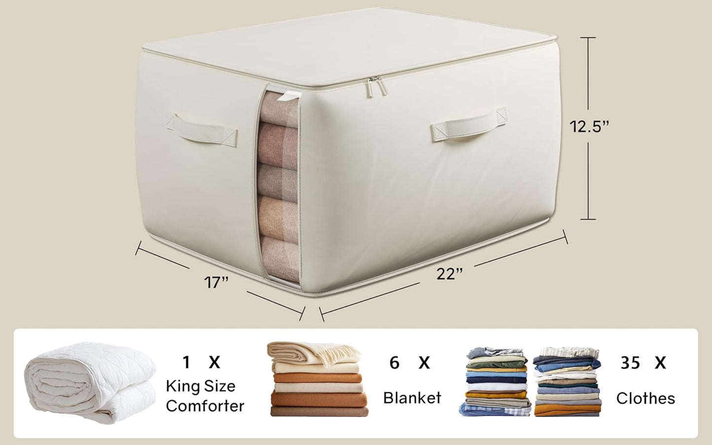Large Canvas Clothes Storage Bags with Thick Handles and Clear Window, Foldable Cotton Linen Closet Organizer for Clothing, Blankets and Bedding, 70L, 6 Pack, Beige