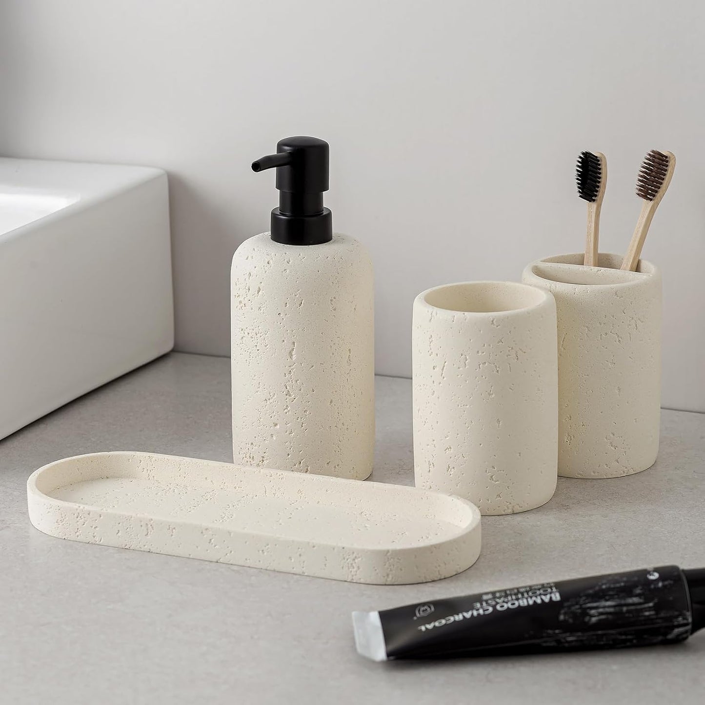 Bathroom Accessories Set, 4 Piece Travertine Stone Look Collection, Modern Bath Organizer with Soap Dispenser, Toothbrush Holder, Tumbler, Vanity Tray for Countertop Kitchen Sink (Off White)