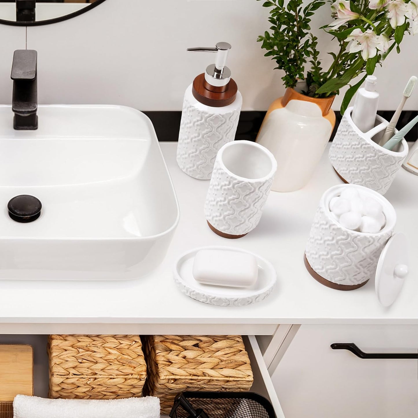 Bathroom Accessories Set 5 Pieces Toothbrush Holder Soap Dispenser Ceramic Bathroom Accessory Set Contain Cotton Swab Jar Toothbrush Cup Soap Dish Tumbler