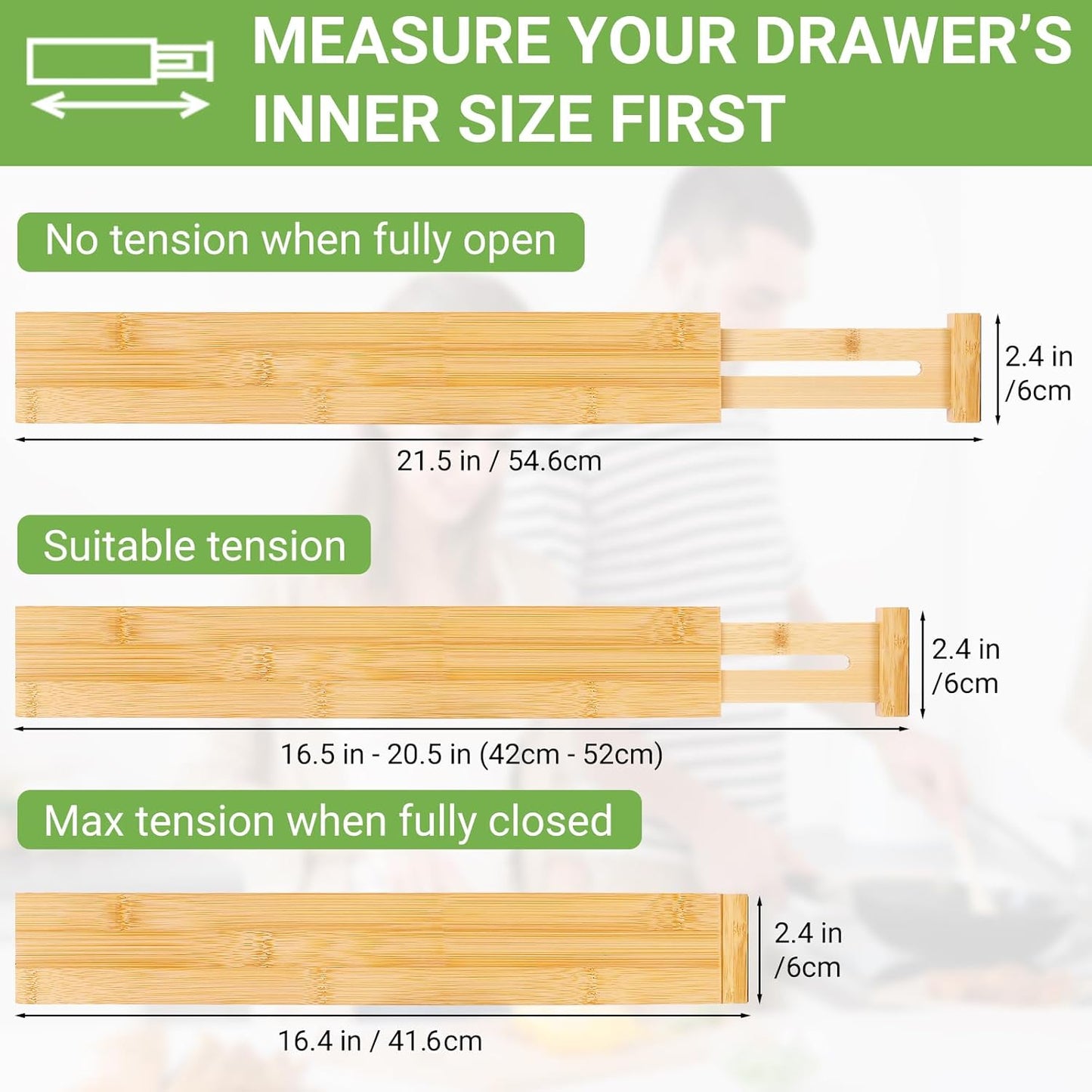 Bamboo Drawer Dividers 4 Pack, 16.4"-21.5" Expandable Drawer Organizer Separators for Kitchen, Bedroom, Dresser and office