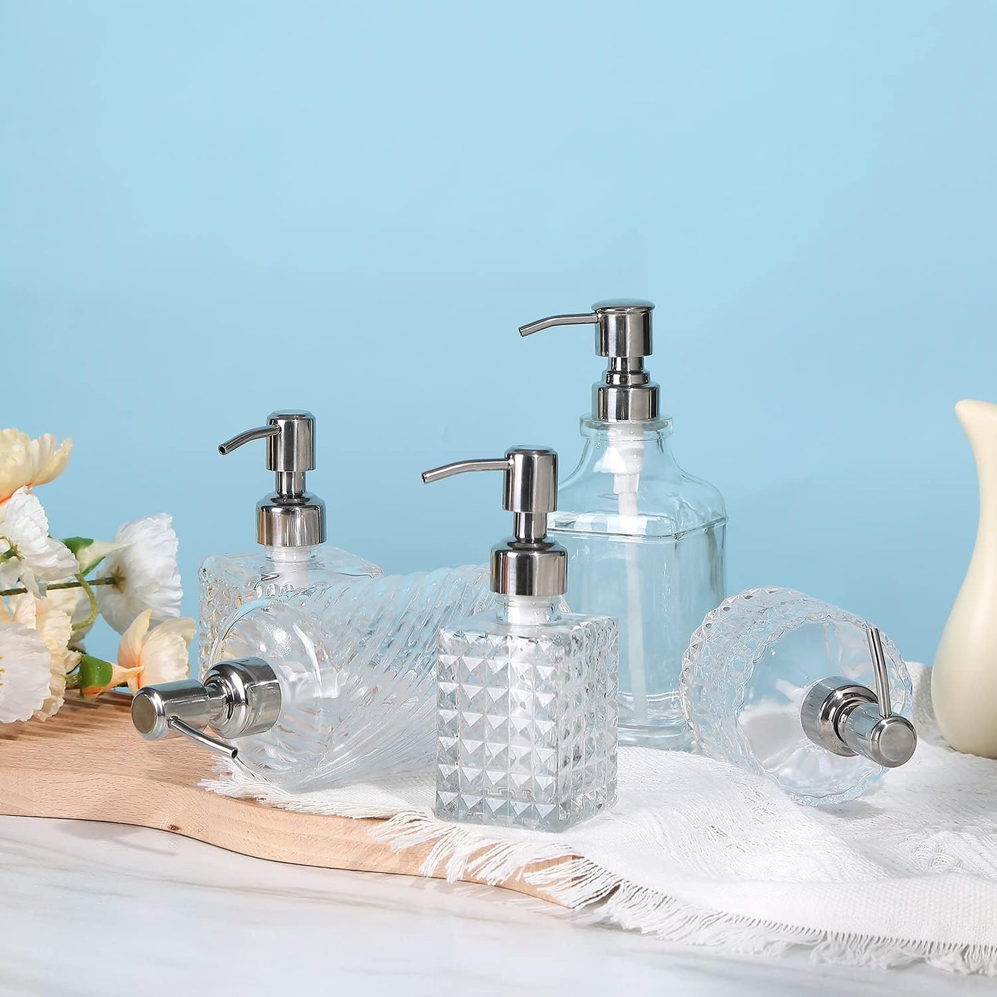 Soap Dispenser with Stainless Steel Pump, Clear Crystal Design, Vintage and Elegant, Refillable Liquid Hand Soap Dish Soap Dispensers for Bathroom Counter, Kitchen Sink (Style 4)