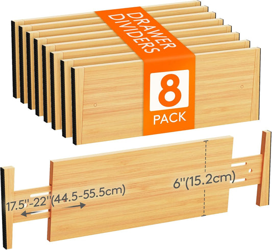 Lifewit 8 Pack 6" Deep Bamboo Drawer Dividers, 17.5-22" Expandable Drawer Organisers for Clothes, Adjustable Dresser Drawer Divider, Clothing Drawers Separators for Dresser, Bedroom, Bathroom, Office