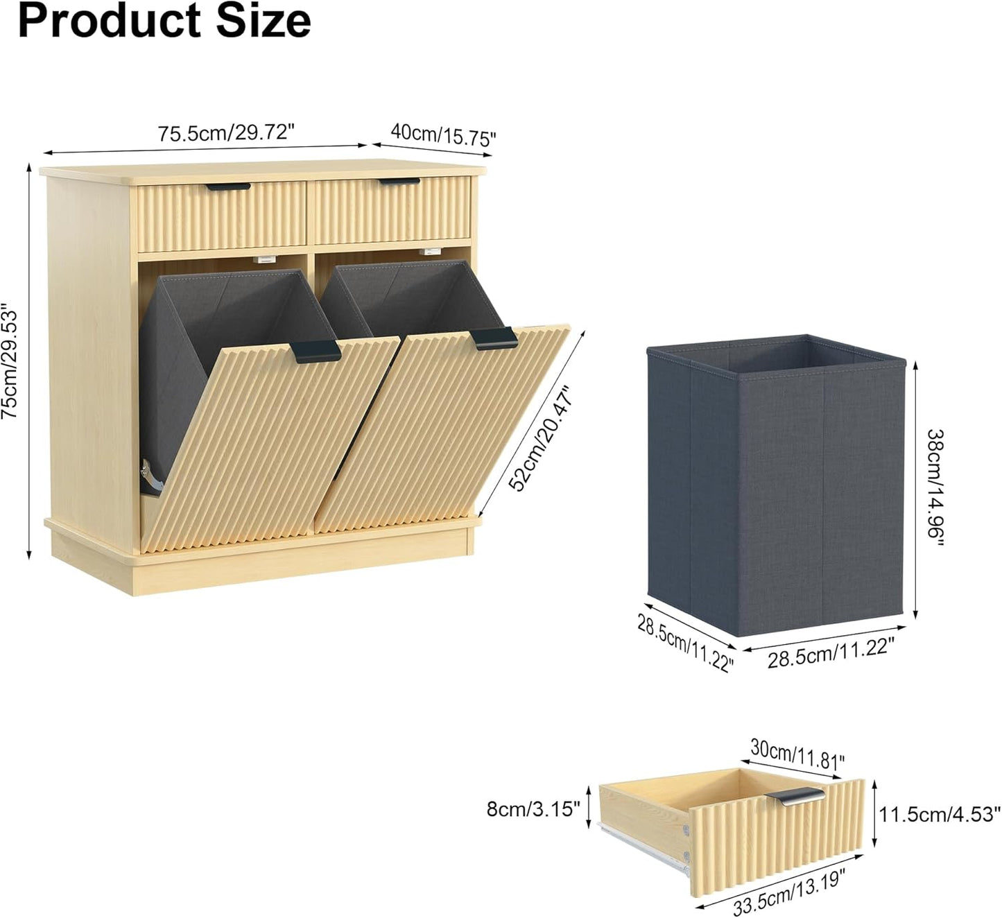 Natural Double Tilt Out Laundry Hamper Cabinet Laundry Basket Cabinet Hidden Laundry Hamper with 2 Drawers & 2 Baskets for Bathroom Bedroom,30x30x16in